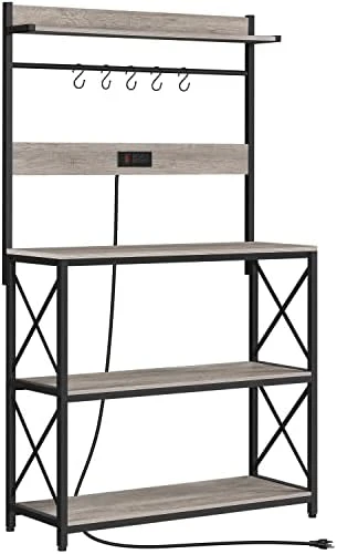 Yaheetech Kitchen Bakers Rack With Power Outlet, 36.5" W Microwave Oven Stand Kitchen Storage Rack With Hooks For Dining Room, Kitchen Organizer Shelves For Spices, Pots And Pans, Gray 8 Yaheetech Kitchen Bakers Rack With Power Outlet, 36.5" W Microwave Oven Stand Kitchen Storage Rack With Hooks For Dining Room, Kitchen Organizer Shelves For Spices, Pots And Pans, Gray - Image 8