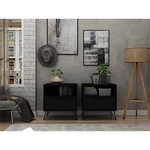 Eden Home Mid-Century Modern Wood 2 PC 1 Drawer Nightstand Set In Black 2 Eden Home Mid-Century Modern Wood 2 PC 1 Drawer Nightstand Set In Black - Image 2