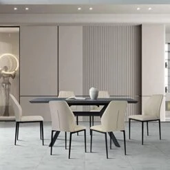 Jiexi Extendable Dining Table, Rectangular MDF Slate Stone Color Top With Steel Legs For 6-8 People, Modern Indoor Extendable 55'' To 71'' Dining Kitchen Table For Kitchen Room, Dining Room -Safavieh Furniture 41PbTT8yWZL. AC