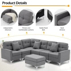 Esright Convertible Sectional Sofa Couch For Living Room, L Shaped Couch With Reversible Chaise, Grey Modular Sectional Sofa Couch With Ottoman, Grey -Safavieh Furniture 41PdBIFxKEL
