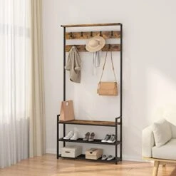 TATOZA 3-in-1 Entryway Hall Tree, Coat Rack Shoe Bench, Wood Look Accent Furniture With Hooks, Sturdy Steel Frame, Rustic Brown -Safavieh Furniture 41Q11cE3X8L