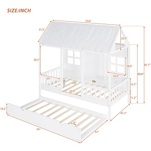 House Bed With Trundle, Twin House Bed For Kids, Wooden Platform Bed Frame With Headboard And Roof, For Girls Boys (Twin Size, White) 1 House Bed With Trundle, Twin House Bed For Kids, Wooden Platform Bed Frame With Headboard And Roof, For Girls Boys (Twin Size, White)