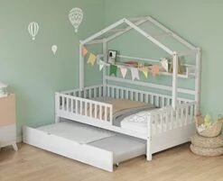 Melpomene Full House Bed With Trundle And Shelf,for Toddlers, Teens, Girls, Boys, Kids House Bed Frame Can Be Decorated (White) 15 Melpomene Full House Bed With Trundle And Shelf,for Toddlers, Teens, Girls, Boys, Kids House Bed Frame Can Be Decorated (White) -Safavieh Furniture 41QBw5UTanL. AC