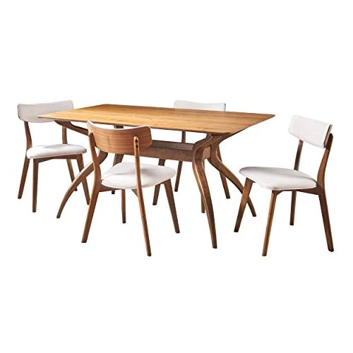Christopher Knight Home Nissie Mid-Century Wood Dining Set With Fabric Chairs, 5-Pcs Set, Natural Walnut Finish / Light Beige 1 Christopher Knight Home Nissie Mid-Century Wood Dining Set With Fabric Chairs, 5-Pcs Set, Natural Walnut Finish / Light Beige