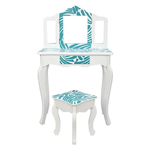 HIYEEONE Kids Vanity, Table And Chair Vanity Set With Three-Fold Mirror, Children Dressing Table Vanity Table Blue Zebra 1 HIYEEONE Kids Vanity, Table And Chair Vanity Set With Three-Fold Mirror, Children Dressing Table Vanity Table Blue Zebra