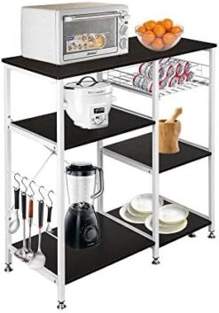 SSLine Kitchen Baker's Rack Microwave Oven Stand Cart Kitchen Island Utility Storage Shlelves With Hooks&Slide Out Basket Free Standing 3-Tier Spice Rack Organizer-35.4"L X 15.7"W X 33"H(Drak Brown) -Safavieh Furniture 41QUmzkgi3L. AC