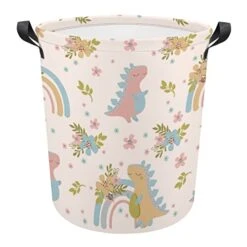 HoaMoya Collapsible Cartoon Dinosaur Laundry Hamper Rainbow Flowers Nursery Hamper Large Waterproof Clothes Toy Storage Basket Bin For Kids Boys Girls Bedroom Bathroom