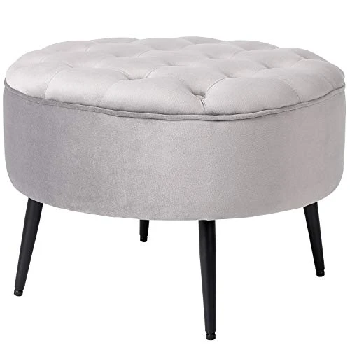 BIRDROCK HOME Tufted Round Grey Ottoman – Velvet Foot Stool – Mid Century Modern Steel Legs - Soft Compact Padded Stool - Living Room Or Bedroom – Vanity Chair - Decorative Furniture 1 BIRDROCK HOME Tufted Round Grey Ottoman – Velvet Foot Stool – Mid Century Modern Steel Legs - Soft Compact Padded Stool - Living Room Or Bedroom – Vanity Chair - Decorative Furniture