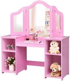 Costzon Kids Vanity, 2 In 1 Princess Makeup Desk Dressing Table With Detachable Top, Toddler Vanity With Tri-fold Mirror & Storage Shelves, Pretend Play Vanity For Little Girls, White -Safavieh Furniture 41QyTKDMnIL. AC