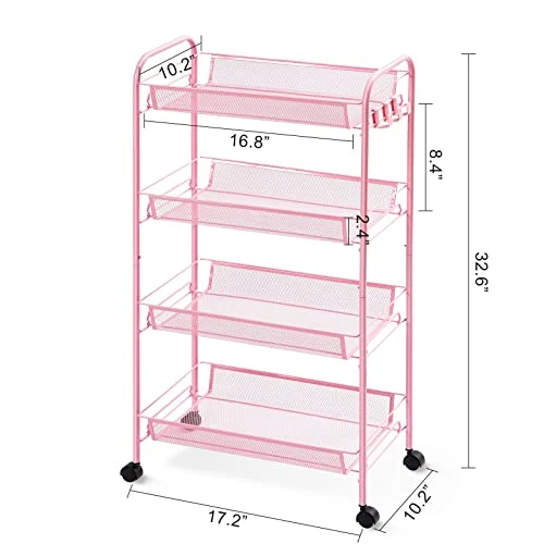 TOOLF 4-Tier Rolling Cart, Metal Utility Cart With 3 Hooks, Easy Assemble Mobile Storage Trolley On Wheels, Slide Out Shelving Units Kitchen Bathroom Laundry Room 5 TOOLF 4-Tier Rolling Cart, Metal Utility Cart With 3 Hooks, Easy Assemble Mobile Storage Trolley On Wheels, Slide Out Shelving Units Kitchen Bathroom Laundry Room - Image 5