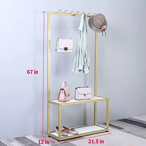 FURVOKIA Industrial Metal And Wood Entryway Furniture Hall Trees With Coat Rack Shoe Bag Hat Storage Bench,Floor-Standing 2 Tier Display Stand (Gold Square Tube, 31.5" L) 2 FURVOKIA Industrial Metal And Wood Entryway Furniture Hall Trees With Coat Rack Shoe Bag Hat Storage Bench,Floor-Standing 2 Tier Display Stand (Gold Square Tube, 31.5" L) - Image 2