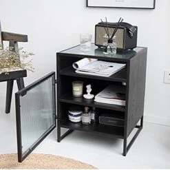 FURUIWUFENG Nightstand Bedside Tables With 3 Storage, Nightstand Pull The Glass Cabinet Door MDF Board End Table For Bedroom Living Room End Table (Color : Black, Size : Door Left) -Safavieh Furniture 41RaJXHxGAS