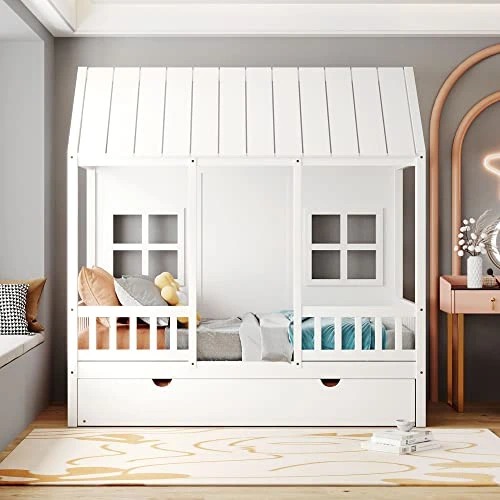 House Bed With Trundle, Twin House Bed For Kids, Wooden Platform Bed Frame With Headboard And Roof, For Girls Boys (Twin Size, White) 2 House Bed With Trundle, Twin House Bed For Kids, Wooden Platform Bed Frame With Headboard And Roof, For Girls Boys (Twin Size, White) - Image 2
