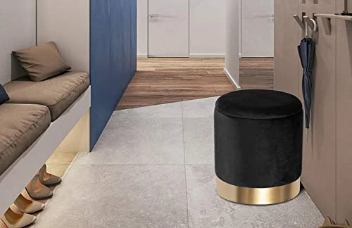DEERUN Round Velvet Storage Ottoman Foot Rest Stool/Upholstered Footstool With Gold Plating Base,Pack Of 2 (Black) 2 DEERUN Round Velvet Storage Ottoman Foot Rest Stool/Upholstered Footstool With Gold Plating Base,Pack Of 2 (Black) - Image 2