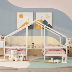 Harper & Bright Designs Kids House Bed With 2 Twin Platform Beds,Wooden Double Twin Beds With Triangular Roof And Built-in Table, 2 Beds In 1 For Girls Or Boys, No Box Spring Needed,Grey -Safavieh Furniture 41Rzr lJI5L. AC