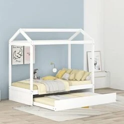Harper & Bright Designs Full House Bed With Twin Size Trundle, Wood Full Size Bed With Roof, Windows And Fence, Playhouse Bed Frame For Kids Teens Boys & Girls, No Box Spring Needed (White) -Safavieh Furniture 41S6QxndgoL. AC