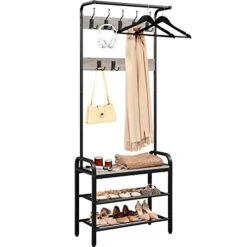 Yaheetech Hall Tree With Bench And Shoe Storage For Entryway, 4-in-1 Coat Rack Shoe Bench With 23 Hooks, A Hanging Rod, Metal Frame, Gray