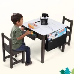 Cowiewie 3PCS Toddler Table & Chair Set Kids Wooden Activity Desk & 2 Chair Set With Storage 2 Drawers For Child Arts & Crafts,Snack Time,Homeschooling,Homework(Building Blocks Mat As Gift Included)