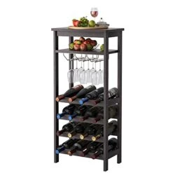 FOTOSOK Bamboo Floor Wine Rack, Freestanding Wine Bottle Organizer Shelves With Glass Holder Rack,16 Bottles, Wobble-Free Wine Display Storage Stand With Table Top For Kitchen Dining Room, Espresso