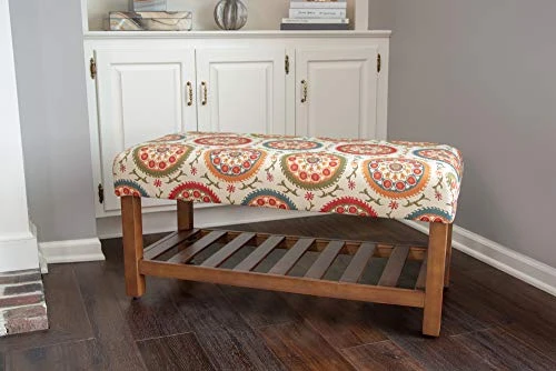 Homepop Home Decor | Upholstered Entryway Bench | Entryway Bench With Wood Shelf | Decorative Home Furniture (Orange Suzani) 2 Homepop Home Decor | Upholstered Entryway Bench | Entryway Bench With Wood Shelf | Decorative Home Furniture (Orange Suzani) - Image 2