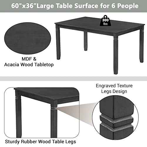 Merax 7-Piece Farmhouse Rustic Wooden Dining Set, Rectangular Table With 6 Padded Chairs, Gray 3 Merax 7-Piece Farmhouse Rustic Wooden Dining Set, Rectangular Table With 6 Padded Chairs, Gray - Image 3