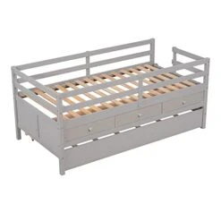 Twin Size Low Loft Bed With Trundle And Storage Drawers,Wood Bed Frame With Full Safety Fence For Kids Girls Boys(Grey) -Safavieh Furniture 41SynlIe7BL