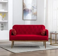 55-inch Small Velvet Couch With Elegant Moon Shape Pillows, Twin Size Loveseat Accent Sofa With Golden Metal Legs, Living Room Sofa With Tufted Backrest, 600 Pounds Weight Capacity, Orange -Safavieh Furniture 41T0voFpA7L. AC
