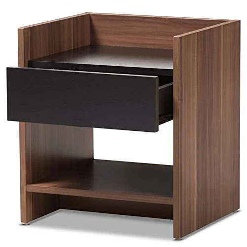 BOWERY HILL Contemporary 1 Drawer Wood Nightstand In Black And Walnut Brown 4 BOWERY HILL Contemporary 1 Drawer Wood Nightstand In Black And Walnut Brown - Image 4