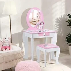 HONEY JOY Kids Vanity Set With Mirror, Wooden Princess Makeup Table And Stool Set, Detachable Mirror & Storage Drawer, Pretend Play Toddler Girl Vanity, Vanity For Little Girls (Unicorn White) -Safavieh Furniture 41T8RWjvdpL. AC