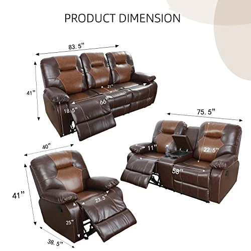 Nautery Leather Recliner Sofa,Living Room Furniture Set, Leather Sofa Set With Storage Console & Cup Holder For Office/Apartment(3 Pieces,Brown) 2 Nautery Leather Recliner Sofa,Living Room Furniture Set, Leather Sofa Set With Storage Console & Cup Holder For Office/Apartment(3 Pieces,Brown) - Image 2