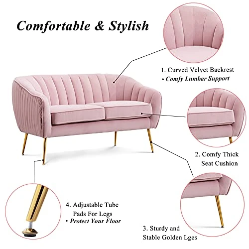 Artechworks Contemporary Tufted Velvet Tub Barrel Loveseat Sofa Chair Upholstered Couch With Golden Metal Legs Club Two-Seat Sofa For Living Reading Room Bedroom Apartment Small Space Dorm, Pink 4 Artechworks Contemporary Tufted Velvet Tub Barrel Loveseat Sofa Chair Upholstered Couch With Golden Metal Legs Club Two-Seat Sofa For Living Reading Room Bedroom Apartment Small Space Dorm, Pink - Image 4