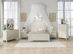 6-Piece Bedroom Set With Queen Size Platform Bed, 2 Nightstands, 5-Drawer Chest, Mirror And Dresser, Classical Wooden Bedroom Furniture Set, Milky White