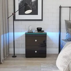 Nightstand With LED Lights And 2 Drawers, Modern Wooden Bedside Tables, Easy Assembly Fashion Small End Side Table For Bedroom, Living Room, Home, Office -Safavieh Furniture 41TbZO4DLRL. AC