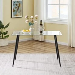 Glass Dining Table - Rectangular Tempered Glass Kitchen Table - Small Modern Glass Dining Room Table For 4 With Solid Metal Black Legs, Coffee Table For Living Room,Office,Small Space 47.2*27.6*29.5" -Safavieh Furniture 41Tg05X8twL