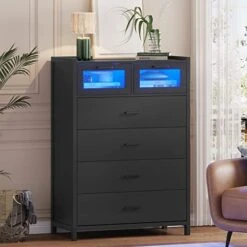 VIAGDO Black Dresser With 6 Drawers, Dressers & Chests Of Drawers With LED Lights, Wood Drawer Chest With Visual Drawer, Modern Large Capacity Storage Cabinet Dresser For Bedroom, Entryway, Closet -Safavieh Furniture 41TgTDHSNBL