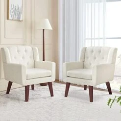 Accent Chair Button-Tufted Upholstered Living Room Chairs Comfy Reading Chair Mid Century Modern Chair With Linen Fabric Lounge Arm Chairs For Living Room Bedroom (Beige) -Safavieh Furniture 41TgVGl7fzL. AC