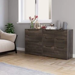 URKNO Modern 6 Drawer Dresser, Double Chest Of Drawers With Storage, 3+3 Clothing Organizer With Cut-Out Handle, Dresser Chest, Wood Storage Cabinet For Living Room, Bedroom, Hallway, Dark Brown -Safavieh Furniture 41Thf0x3JLL