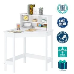 UTEX Corner Desk With Storage And Hutch For Small Space, Kids Corner Desk With Reversible Hutch For Girls Boys, Study Computer Desk Workstation & Writing Table For Home School Use, White -Safavieh Furniture 41TiXkvOCFL