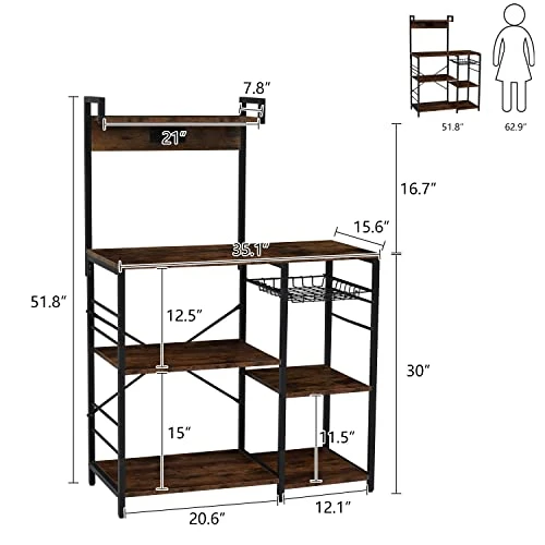 Kinbor Bakers Rack With Power Outlet - Microwave Stand, Coffee Bar, Kitchen Storage Shelves W/Wire Basket, 6 S-Hooks For Spice, Pots And Pans Organizer, Rustic Brown And Black 7 Kinbor Bakers Rack With Power Outlet - Microwave Stand, Coffee Bar, Kitchen Storage Shelves W/Wire Basket, 6 S-Hooks For Spice, Pots And Pans Organizer, Rustic Brown And Black - Image 7