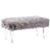 DM Furniture Furry Faux Fur Entryway Bench Upholstered Ottoman Bench With Clear Acrylic Legs Fuzzy End Of Bed Accent Bench Stool For Living Room Bedroom (Grey, 35.4 Inches )