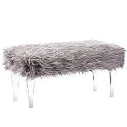 DM Furniture Furry Faux Fur Entryway Bench Upholstered Ottoman Bench With Clear Acrylic Legs Fuzzy End Of Bed Accent Bench Stool For Living Room Bedroom (Grey, 35.4 Inches )