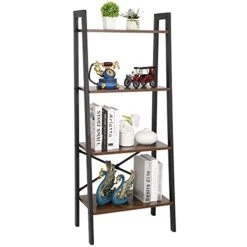 ZenStyle 4 Tier Bookshelf Rustic Ladder Shelf Storage Rack Wall Shelves Corner Bookcase Shelving Home Decor Plant Flower Stand With Metal Frame & Wood Leaning For Living Room,Bathroom,Kitchen,Office
