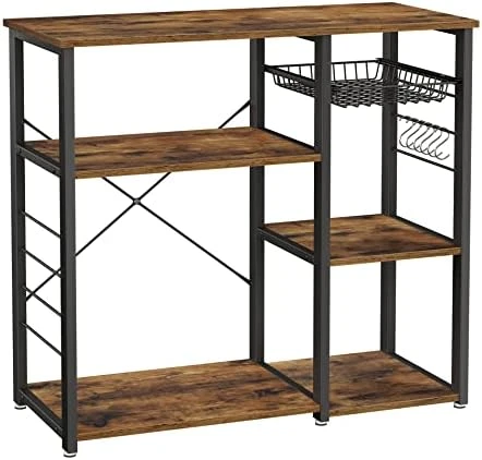 VASAGLE ALINRU Kitchen Baker’s Rack, Coffee Bar, Microwave Oven Stand, With Steel Frame, Wire Basket, 6 Hooks, 35.4", Rustic Brown 7 VASAGLE ALINRU Kitchen Baker’s Rack, Coffee Bar, Microwave Oven Stand, With Steel Frame, Wire Basket, 6 Hooks, 35.4", Rustic Brown - Image 7