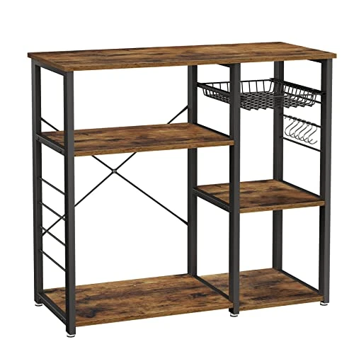 VASAGLE ALINRU Kitchen Baker’s Rack, Coffee Bar, Microwave Oven Stand, With Steel Frame, Wire Basket, 6 Hooks, 35.4", Rustic Brown 1 VASAGLE ALINRU Kitchen Baker’s Rack, Coffee Bar, Microwave Oven Stand, With Steel Frame, Wire Basket, 6 Hooks, 35.4", Rustic Brown