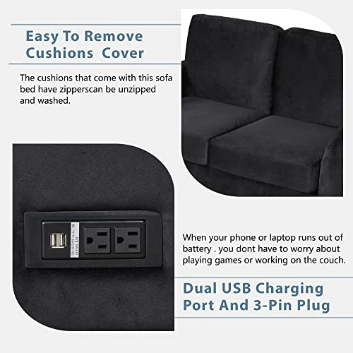 Merax Pull Out Sleeper Sofa Bed With Twin Size Pad, USB Charging Port And 3-pin Plug For Living Room, Small Apartment Love Seats, Black_w/Mattress 6 Merax Pull Out Sleeper Sofa Bed With Twin Size Pad, USB Charging Port And 3-pin Plug For Living Room, Small Apartment Love Seats, Black_w/Mattress - Image 6