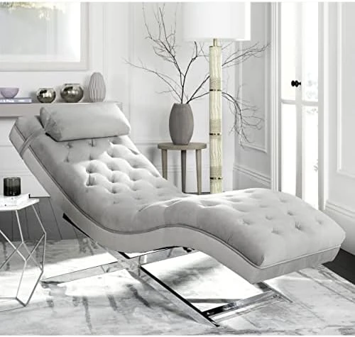 Safavieh Home Collection Monroe Grey Velvet And Chrome Chaise With Headrest Pillow 4 Safavieh Home Collection Monroe Grey Velvet And Chrome Chaise With Headrest Pillow - Image 4