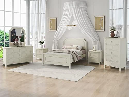 3 Pieces Platform Bed Set, Solid Wood Bedroom Sets With King Size Platform Bed, 6 Drawers Dresser And Nightstand (Milky White) 5 3 Pieces Platform Bed Set, Solid Wood Bedroom Sets With King Size Platform Bed, 6 Drawers Dresser And Nightstand (Milky White) - Image 5