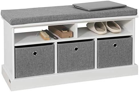 Haotian FSR65-DG, Grey 3 Baskets Hallway Bedroom Storage Bench With Seat Cushion, Shoe Bench, Shoe Rack, Shoe Cabinet 9 Haotian FSR65-DG, Grey 3 Baskets Hallway Bedroom Storage Bench With Seat Cushion, Shoe Bench, Shoe Rack, Shoe Cabinet - Image 9