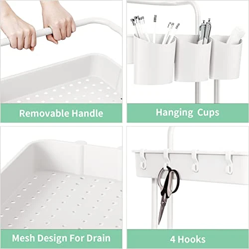 ALVOROG 3-Tier Rolling Utility Cart Storage Shelves Multifunction Storage Trolley Service Cart With Mesh Basket Handles And Wheels Easy Assembly For Bathroom, Kitchen, Office (White) 2 ALVOROG 3-Tier Rolling Utility Cart Storage Shelves Multifunction Storage Trolley Service Cart With Mesh Basket Handles And Wheels Easy Assembly For Bathroom, Kitchen, Office (White) - Image 2