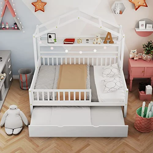 Melpomene Full House Bed With Trundle And Shelf,for Toddlers, Teens, Girls, Boys, Kids House Bed Frame Can Be Decorated (White) 2 Melpomene Full House Bed With Trundle And Shelf,for Toddlers, Teens, Girls, Boys, Kids House Bed Frame Can Be Decorated (White) - Image 2